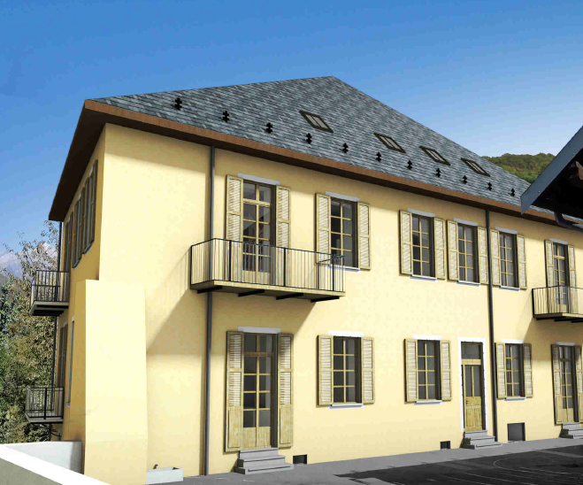 Projet 3d de rénovation avec isolation thermique extérieure. Surélévation maisonB dans les tons jaunes