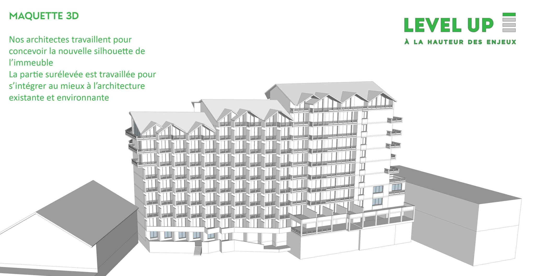 Maquette 3d en noir et blanc d'un projet de urélévation et en rénovation énergétique