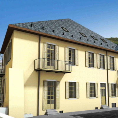 Projet 3d de rénovation avec isolation thermique extérieure. Surélévation maisonB dans les tons jaunes